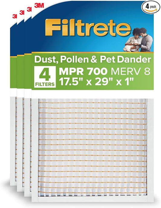 Filtrete 17.5x29x1 AC Furnace Air Filter, MERV 8, MPR 700, Tough on Pollen, Easy on Airflow, 3-Month Pleated 1-Inch Electrostatic Air Cleaning Filter, 4-Pack (Actual Size 17.187 x 28.687 x 0.81)