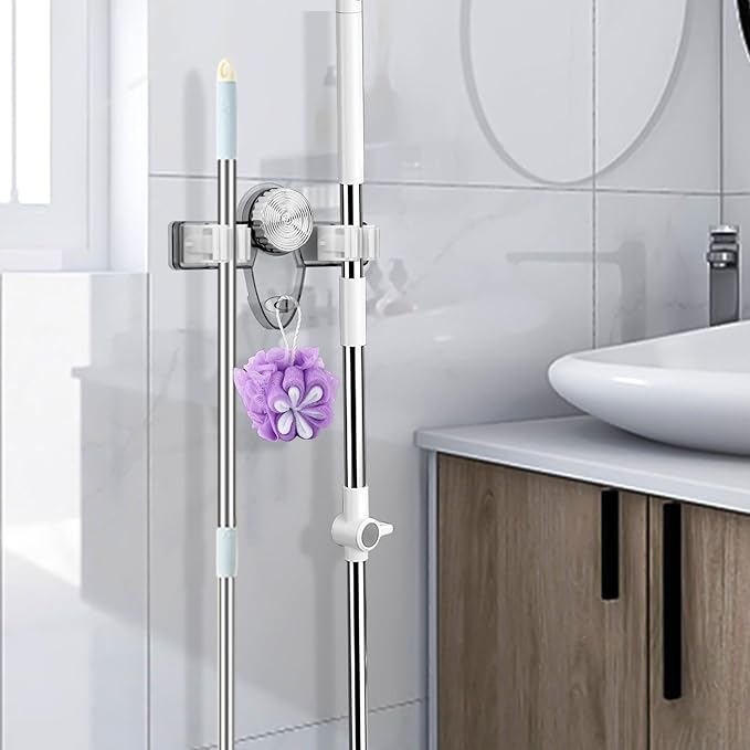 2 Pack Broom Holder Mop Hanger - Strong Suction Cup - No Drill Removable Broom Organizer Rack Wall Mount with Hooks for Bathroom Kitchen Garage, Clear Grey