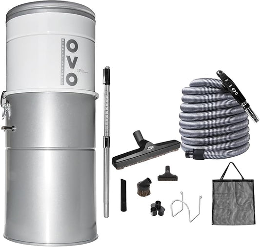 OVO Heavy Duty Powerful Central Vacuum System, Hybrid Filtration (with or Without Disposable Bags) 35L or 9.25Gal, 750 Airwatts with 30ft Deluxe Accessory kit Included