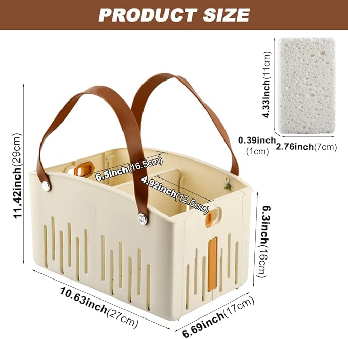 Portable Shower Caddy with Cleaning Sponge, Foldable Shower Storage Basket with Handle and Adjustable Divider, Quick Dry Bathroom Organizer Bin for Bathroom,Dorm,College,Camp,Travel(COLOR:Cream)