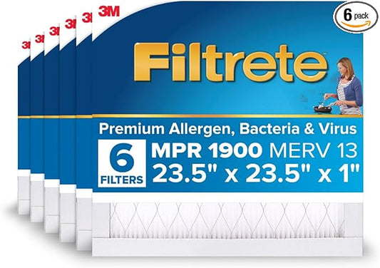 Filtrete 23.5x23.5x1 AC Furnace Air Filter, MERV 13, MPR 1900, Premium Allergen, Bacteria&Virus Filter, 3-Month Pleated 1-Inch Electrostatic Air Cleaning Filter,6-Pack (Actual Size 23.22x23.22x0.78in)