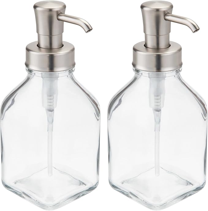 mDesign Square Glass Refillable Liquid Soap Dispenser Pump Bottle for Bathroom Vanity Countertop, Kitchen Sink - Holds Hand Soap, Dish Soap, Hand Sanitizer, Essential Oils - 2 Pack - Clear/Brushed