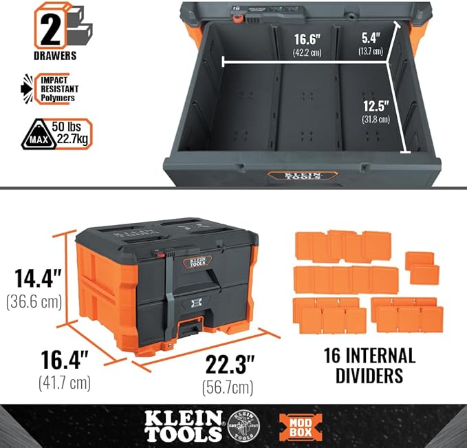 Klein Tools 54822MB MODbox 2-Drawer Tool Box, Double Drawer Tool Organizer, Stackable Module, 50-Pound Capacity
