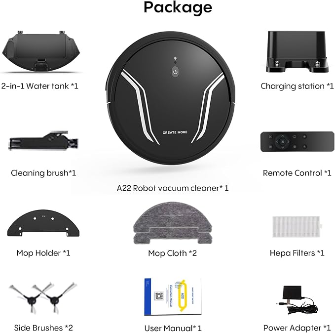 Bagotte Robot Vacuum and Mop, 5000Pa Suction, Easy Custom Smart Vacuum Robot, UItra Slim & Low Noise, Self-Charg, Remote/App/WiFi, Ideal for Hard Floor, Carpet, Pet Hair