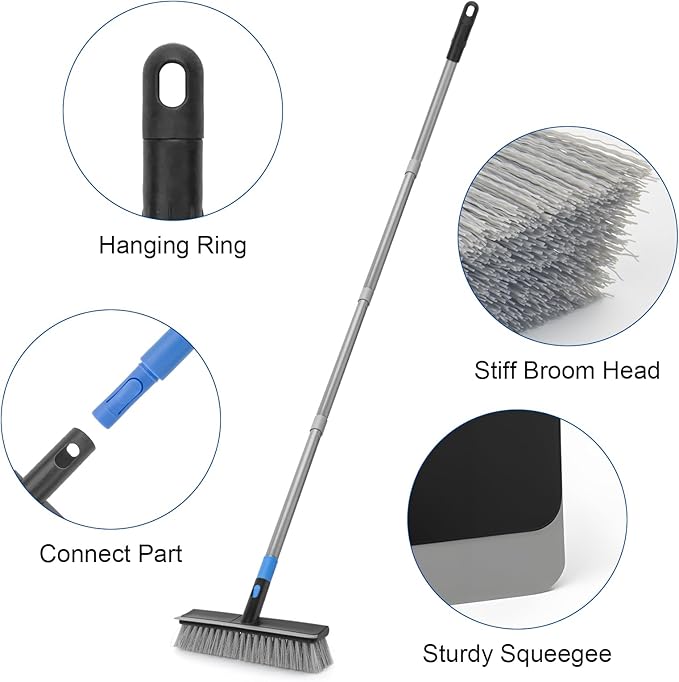 KeFanta Deck Brush with Long Handle, 2 in 1 Floor Scrub Brush for Cleaning, 56" Stiff Bristle Outdoor Scrubber Brush for Patio Concrete Boat Garage Bathroom Kitchen Wall Shower