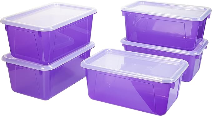 Storex Small Cubby Bins – Plastic Storage Containers for Classroom with Non-Snap Lid, 12.2 x 7.8 x 5.1 inches, Tint Violet, 5-Pack (62484U05C)
