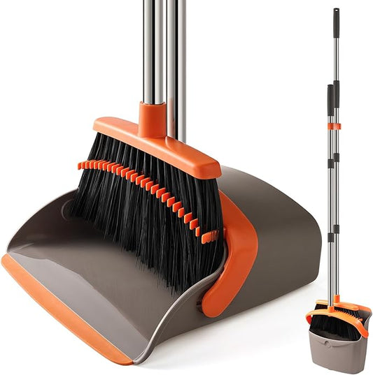 Broom and Dustpan Set, Upgraded Broom with Dustpan Combo Set with 56" Tall Adjustable Handle, Self-Cleaning Teeth, Upright Standing Dust Pan for Heavy Duty Indoor Outdoor Cleaning and Pet Hair