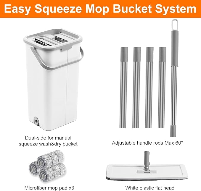 Flat Floor Mop and Bucket Set with Wringer, Flat Mops for Floor Cleaning, Wall Mop Cleaner with Long Handle, Hardwood Floor Mop with 3 Microfiber Pads (F)