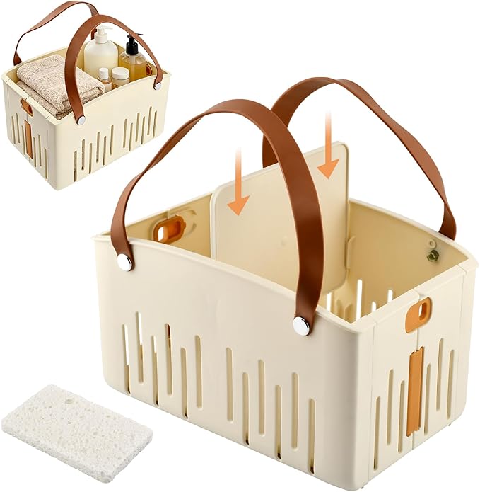 Portable Shower Caddy with Cleaning Sponge, Foldable Shower Storage Basket with Handle and Adjustable Divider, Quick Dry Bathroom Organizer Bin for Bathroom,Dorm,College,Camp,Travel(COLOR:Cream)