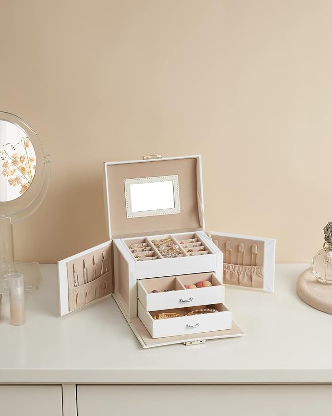 SONGMICS 3-Tier Jewelry Box, Travel Jewelry Case with Handle, 2 Drawers, Lockable Jewelry Organizer with Mirror, Jewelry Storage, Modern Style, Gift for Loved Ones, White UJBC154W01