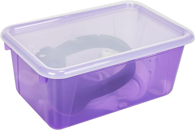 Storex Small Cubby Bins – Plastic Storage Containers for Classroom with Non-Snap Lid, 12.2 x 7.8 x 5.1 inches, Tint Violet, 5-Pack (62484U05C)