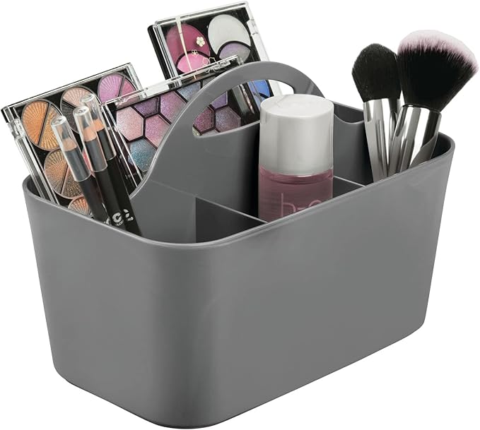 mDesign Small Plastic Shower/Bath Storage Organizer Caddy Tote with Handle for Dorm, Shelf, Cabinet - Hold Soap, Shampoo, Conditioner, Combs, Brushes, Lumiere Collection, Dark Gray (Pack of 2)