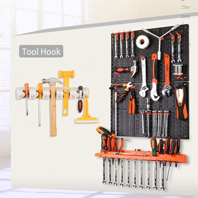 C-CHAIN Mop and Broom Holder, 5 Position with 6 Hooks Garage Storage Holds up to 11 Tools, Multipurpose Wall Mounted Tool Rack Organizer for Kitchen Garage
