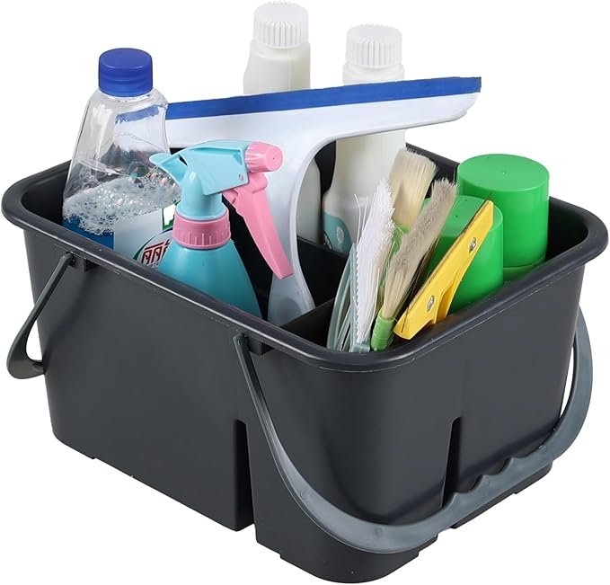 Plastic Divided Caddy Organizer with Handle, 4-Compartment Plastic Cleaning Caddy, Drak Gray