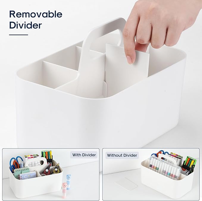 Multiuse Caddy Organizer with Handle - Stackable Plastic Tote Bin - Art Craft Supplies, Office, Desk, Stationery Pen Holder, Kitchen, Utensil, Makeup, Bathroom, Shower, Cleaning, Dorm Organizer -White