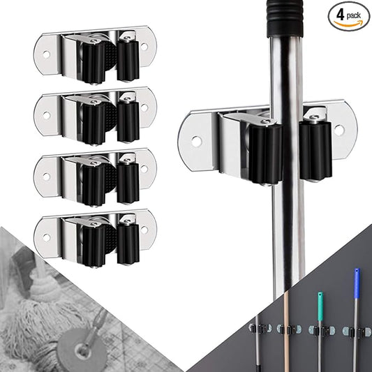 CWOVRS Broom Holder Wall Mount, 4 Pack Mop Holder Stainless Steel Mop and Broom Holder Heavy Duty Broom Hanger Wall Mount for Kitchen Garden Garage etc.