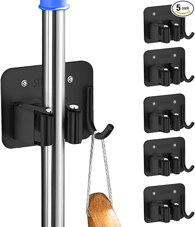 5 Pack Mop Broom Holder Wall Mount Screw Drilling, Stainless Steel Heavy Duty Organizer Hanger Tool Rack for Bathroom Kitchen Garage Laundry Office, Black