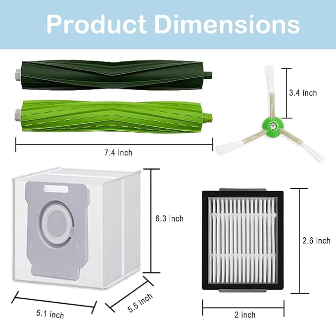 26 pack of replacement parts, Suitable for iRobot Roomba i3 i3+ i7 i7+ J7 J7+ i5 i5+ i4+ j5 j5+ i6 i8 E7 i&E&J series vacuum cleaner, 2 Set Rubber Brushes 8 filters, 8 edge brushes, 8 dust bags