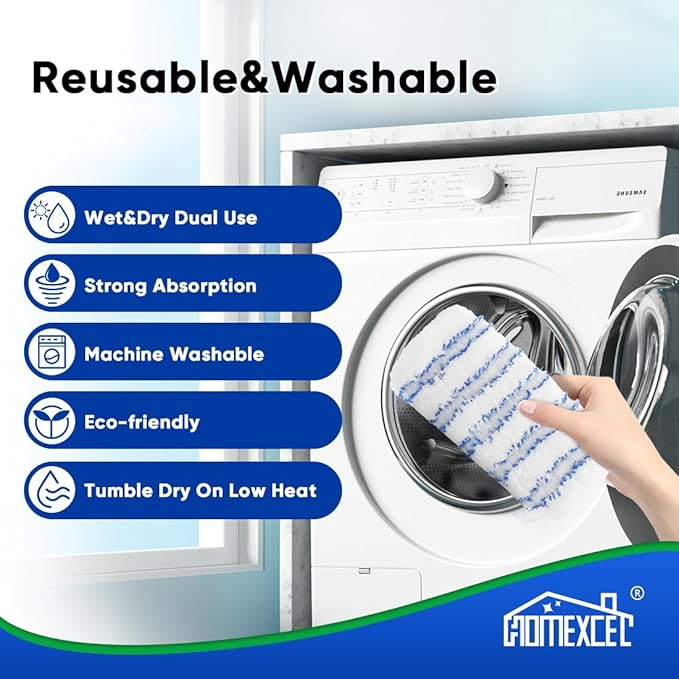 HOMEXCEL Reusable Microfiber Mop Pads Refills 15x8 Inches-Hardwood Floor Mop Head Pads Work Wet and Dry-4 Pack