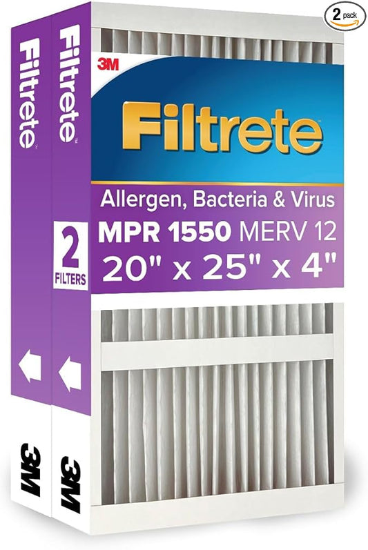 Filtrete 20x25x4 AC Furnace Air Filter, MPR 1550, MERV 12, Fits Honeywell & AprilAire Space-Gard, Certified Asthma & Allergy Friendly, Electrostatic Filter, 2-Pack (Actual Size 19.88x24.63x4.31 in)