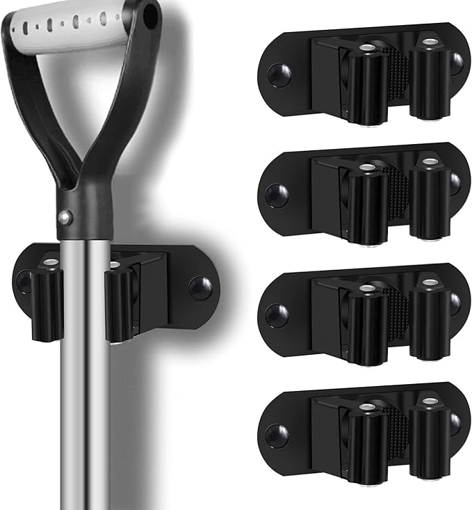 Mop and Broom Holder Wall Mount Heavy Duty Stainless Steel Wall Mounted Broom Organizer Laundry Room Home Garden Garage Storage and Organization Rack (Black)