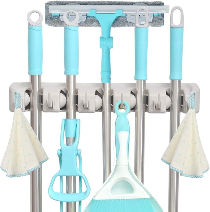C-CHAIN Mop and Broom Holder, 5 Position with 6 Hooks Garage Storage Holds up to 11 Tools, Multipurpose Wall Mounted Tool Rack Organizer for Kitchen Garage