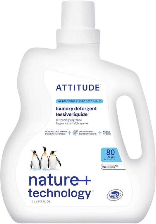 ATTITUDE Liquid Laundry Detergent, EWG Verified, HE Compatible, Plant-Based & Vegan, Natural Laundry Soap, Wildflowers, 80 Loads, 67.6 Fl Oz