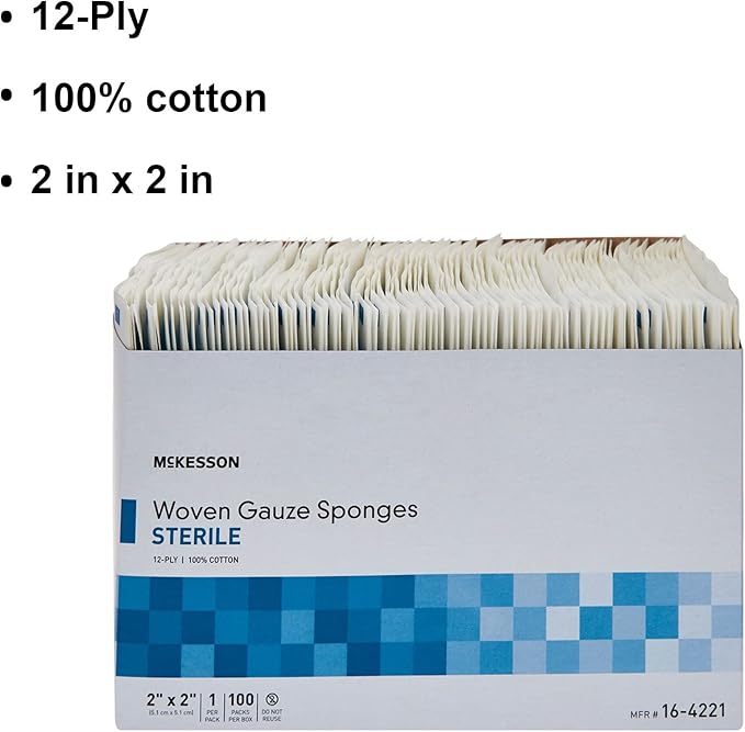 McKesson Woven Gauze Sponges, Sterile, 12-Ply, 100% Cotton, 2 in x 2 in, 100 per Pack, 1 Pack
