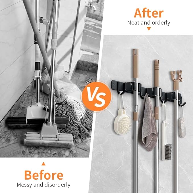 2 Pack Broom Hanger and Mop Holder, Heavy Duty Garden Tool Organizer Rack Rake and Shovel Handle, Stainless Steel Wall Mounted Utility Rack with Screws (5 Racks with 4 Hooks, Matte Black).