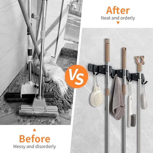 2 Pack Broom Hanger and Mop Holder, Heavy Duty Garden Tool Organizer Rack Rake and Shovel Handle, Stainless Steel Wall Mounted Utility Rack with Screws (5 Racks with 4 Hooks, Matte Black).