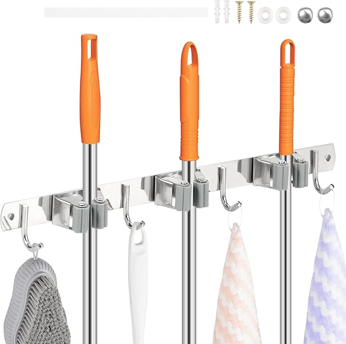 1Pcs 3 Racks 4 Hooks Stainless Steel Broom Mop Holder Anti Slip Wall Mount Broom Storage Rack Strong Load Bearing Waterproof Mop Organizer for Bathroom Kitchen Garage