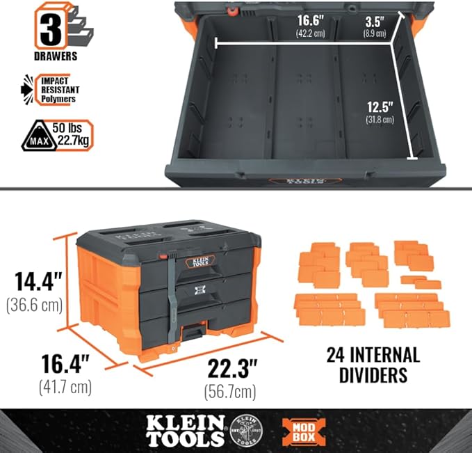 Klein Tools 54823MB MODbox 3-Drawer Tool Box Organizer, Heavy-Duty Tool Storage, Stackable Module, 50-Pound Capacity