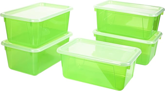 Storex Small Cubby Bins – Plastic Storage Containers for Classroom with Non-Snap Lid, 12.2 x 7.8 x 5.1 inches, Tint Green, 5-Pack (62483U05C)
