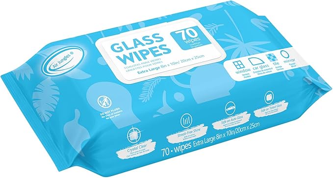 Air Jungles Glass and Window Cleaner Wipes 70 Count, Extra Large 8" x 10" Size Cleaning Wipes for Car Windshield, Headlight, Mirror, Tile and Home Glass Surface