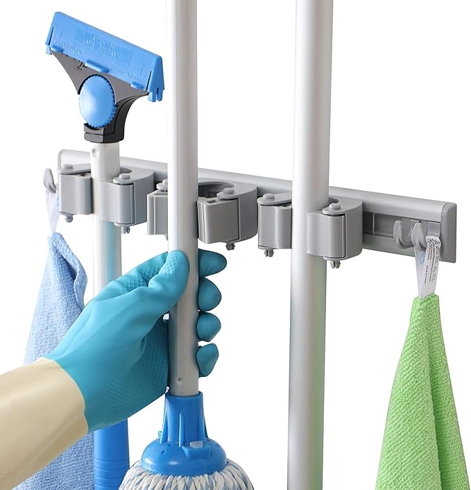 DrDirt Broom Holder Wall Mount, Heavy Duty Aluminum Mop and Broom Organizer with 3 Slots and 4 Hooks, Wall Mounted Storage for Kitchen, Bathroom, Laundry Room, Garage, Closet