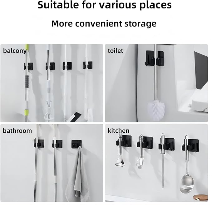 Mop Broom Holder No Drill StainlessSteel, Mop Broom Organizer Wall Mounted Heavy Duty with Hooks Hanger,Anti-Slip Adhesive Hook Broom Holder Wall Mount，Self Adhesive 4Pcs for Bathroom, Kitchen, Office