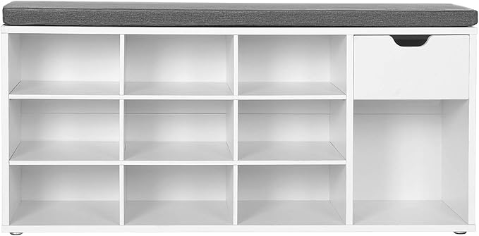 VASAGLE CUSTOS Collection - Storage Bench, Entryway Bench with Cushion, Drawer and Open Compartments, Bench with Storage, Living Room, Bedroom, Closet, White and Gray ULHS24WT