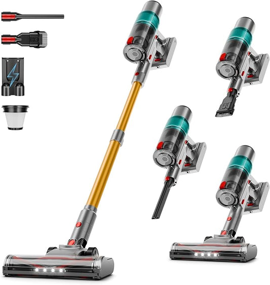 Cordless Vacuum Cleaner, 550W/45KPA Powerful Suction Cordless Stick Vacuum Cleaners for Home, Anti-Tangle Brush, Lightweight, 6-in-1 Rechargeable Vacuum for Pet Hair/Carpet/Hard Floor(Green)