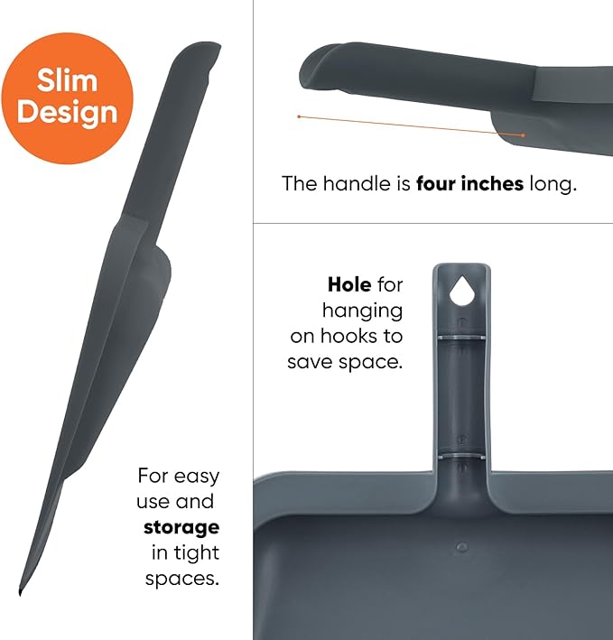 Superio Clip-On Dustpan with Rubber Lip - 10-inch Wide Durable Plastic Dust Pan with Comfort Grip Handle, 2-Pack (Grey)