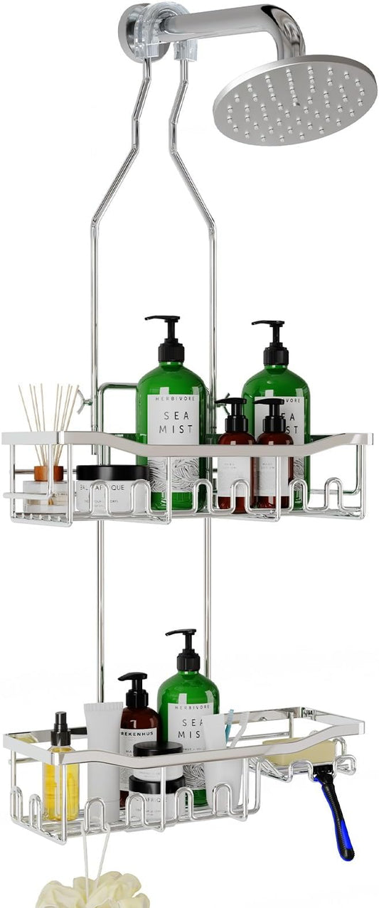 Shower Caddy Hanging for Bathroom: Adjustable Height No Blocking to Shower Head - Rustproof Shower Caddy Over Showerhead - Black Shower Organizer with Hooks Soap Holder, Silver