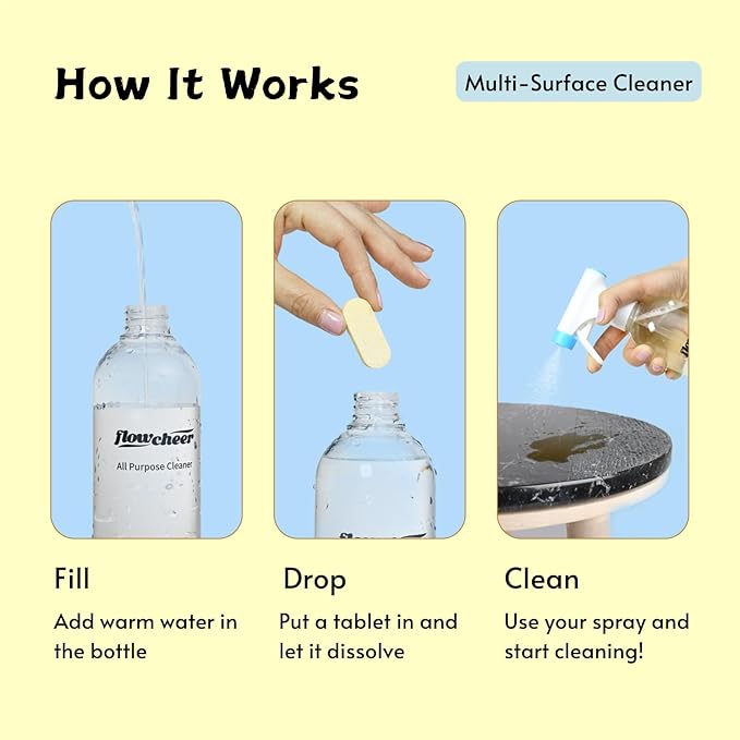 flowcheer Multi-Purpose Cleaner Starter Kit-Lavender and Lemon Scent all purpose cleaner concentrate,cleaning tablets (6 Refill tablets) with Reusable Spray Bottle Multi-Surface Cleaner, 6x17fl oz