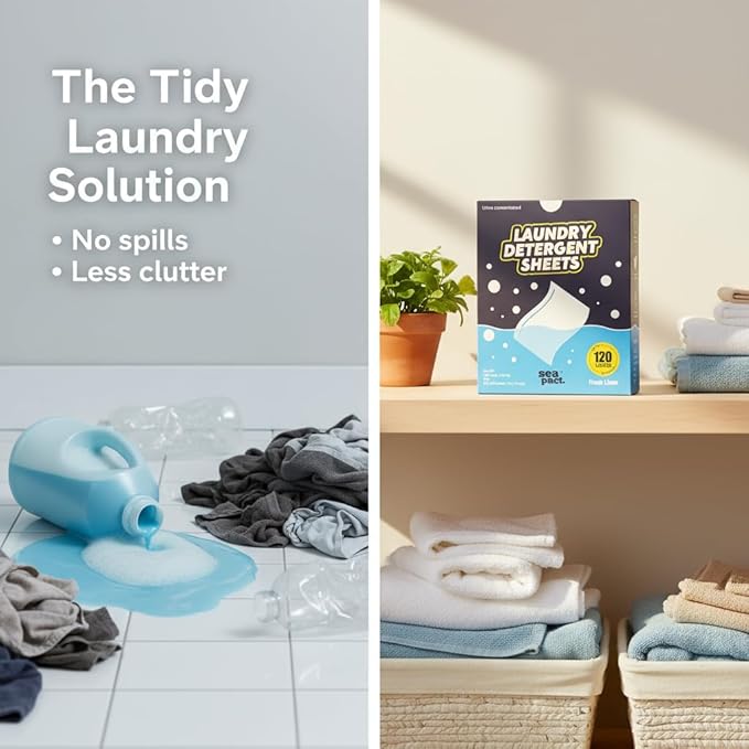 Laundry Detergent Sheets 120 Loads, Fresh Linen Scent, No Plastic No mess, Pre-Measured for Deep Clean Hypoallergenic, Space Saving, easy for Dorm House, Travel essentials, Quick Dissolve, 60 Ct