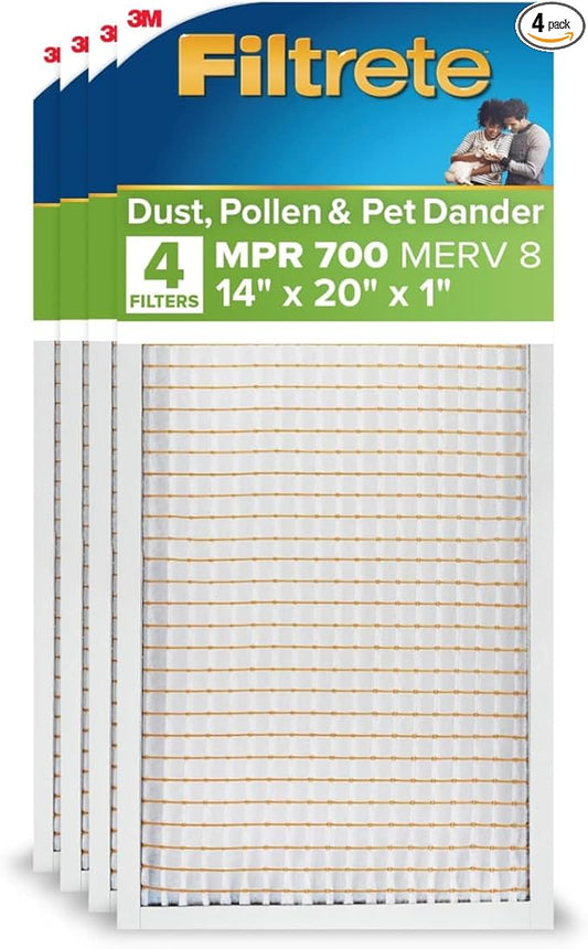 Filtrete 14x20x1 AC Furnace Air Filter, MERV 8, MPR 700, Tough on Pollen, Easy on Airflow, 3-Month Pleated 1-Inch Electrostatic Air Cleaning Filter, 4-Pack (Actual Size 13.688 x 19.688 x 0.78 in)