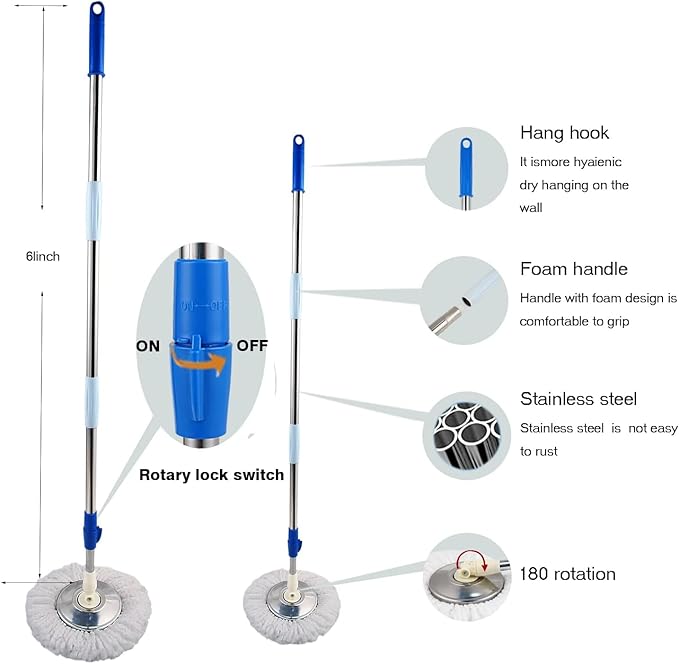 Spin Mop and Bucket with Wringer Set, 360° Spin Mop & Bucket Floor Cleaning System Mop Bucket with 61" Adjustable Extended Handle 3 Replacement Microfiber Refills, Set of 2
