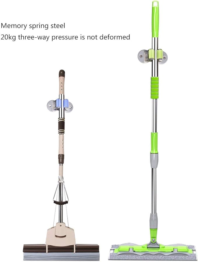Stainless Steel Mop and Broom Holder, Dual-Purpose Wall Mounted Mop Broom Organizer with 2 Pcs 3M Self Adhesive and Double Screws,Bathroom Kitchen Organizer Rack with Spring Clip Design