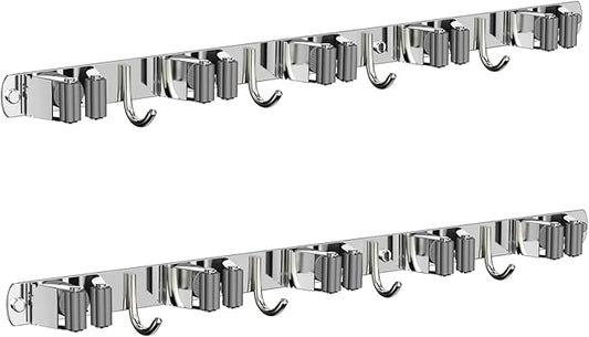 2 Pack Mop and Broom Holder Wall Mount, Non-slip Broom Hanger Wall Mount, Heavy Duty Mop Broom Organizer for Kitchen Garden Garage Laundry Room Wall Decor Organization and Storage Silver 5R4H