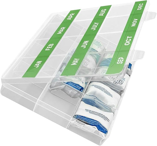 Monthly Reminder Organizer for Cleaning Tablets, 12 Labeled Compartments for Washing Machine, Dishwasher, Drain Disposal and Coffee Machine Cleaner Pods Holder