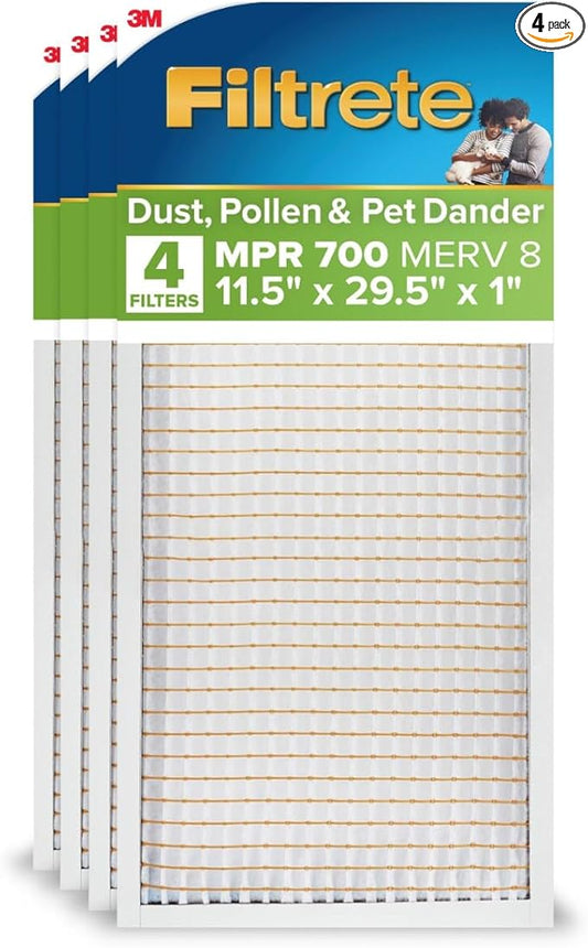 Filtrete 11.5x29.5x1 AC Furnace Air Filter, MERV 8, MPR 700, Tough on Pollen, Easy on Airflow, 3-Month Pleated 1-Inch Electrostatic Air Cleaning Filter, 4-Pack (Actual Size 11.19 x 29.19 x 0.81 in)