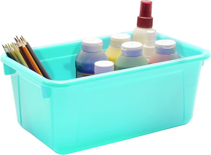 Storex Small Cubby Bins – Plastic Storage Containers for Classroom with Non-Snap Lid, 12.2 x 7.8 x 5.1 inches, Teal, (62412U05C) (Pack of 5)