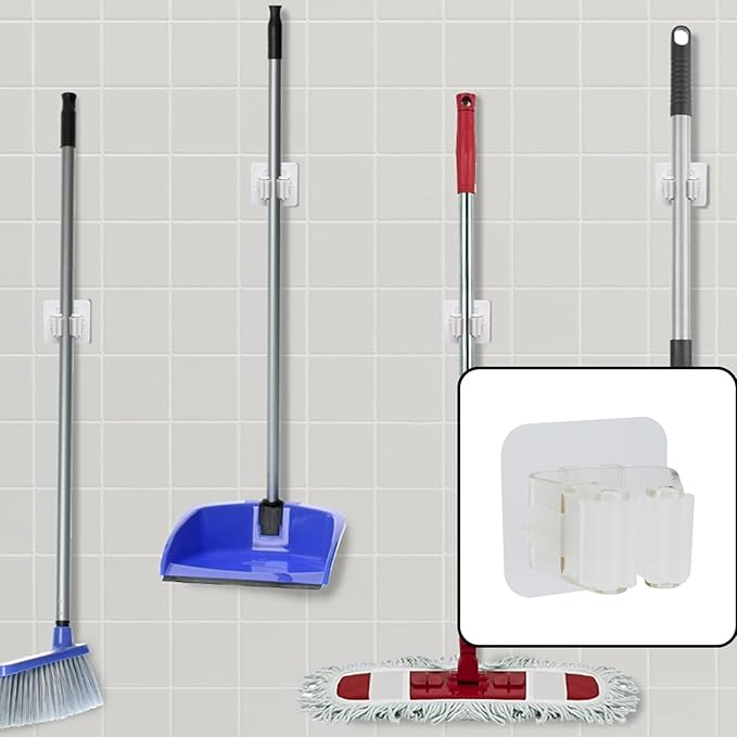 Sscon 5Pcs Self Adhesive Broom Holder Plastic Storage Rack for Brooms Mops Tools - Clear